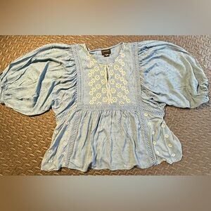 Chic Boho Embroidered Peasant Blouse in Soft Blue Size 2X
